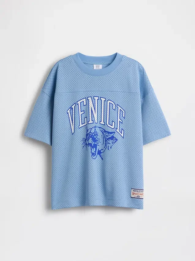 Oversized grafisk jersey-T-skjorte i mesh for barn