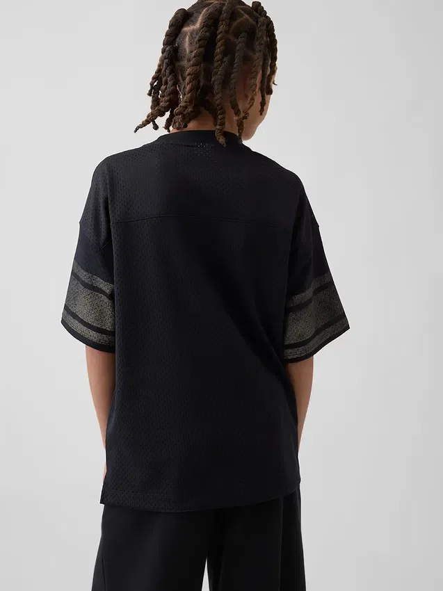 Oversized grafisk jersey-T-skjorte i mesh for barn