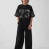 Oversized grafisk jersey-T-skjorte i mesh for barn