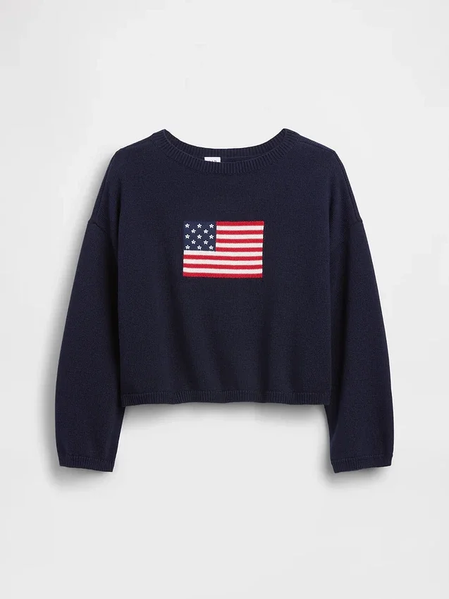 Oversized heklet genser for barn med amerikansk motiv