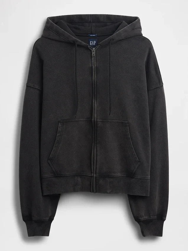 Oversized, kort zip-hettegenser i tykk fleece for voksne
