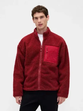 Oversized logo-jakke med glidelås i resirkulert sherpa