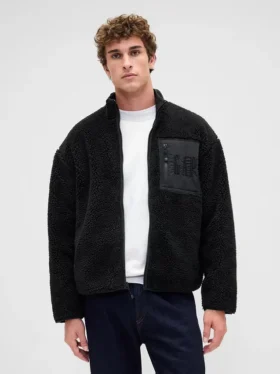 Oversized logo-jakke med glidelås i resirkulert sherpa