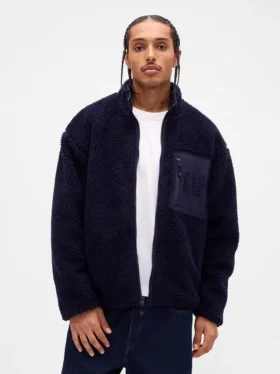 Oversized logo-jakke med glidelås i resirkulert sherpa