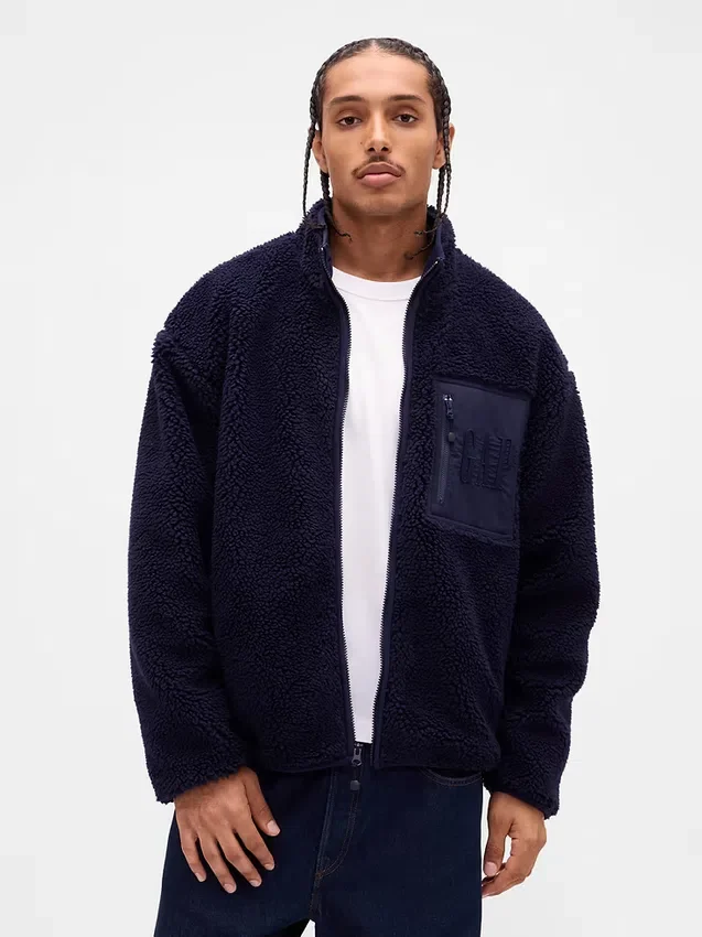 Oversized logo-jakke med glidelås i resirkulert sherpa