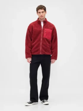 Oversized logo-jakke med glidelås i resirkulert sherpa
