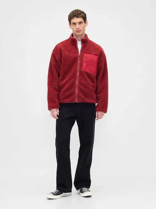 Oversized logo-jakke med glidelås i resirkulert sherpa