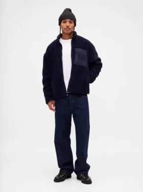 Oversized logo-jakke med glidelås i resirkulert sherpa