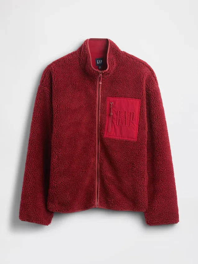 Oversized logo-jakke med glidelås i resirkulert sherpa