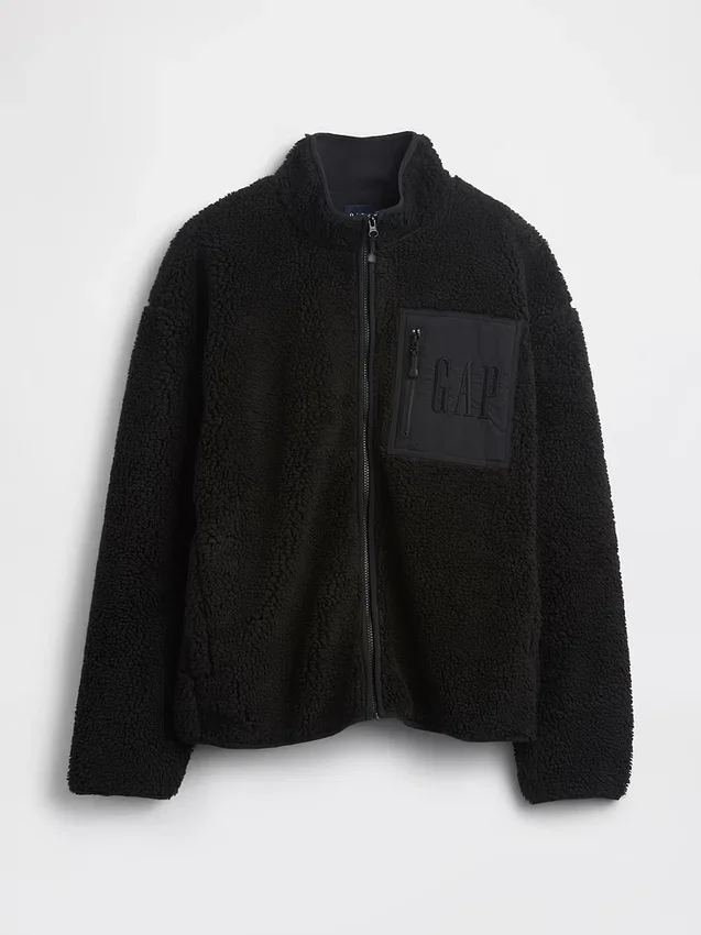 Oversized logo-jakke med glidelås i resirkulert sherpa