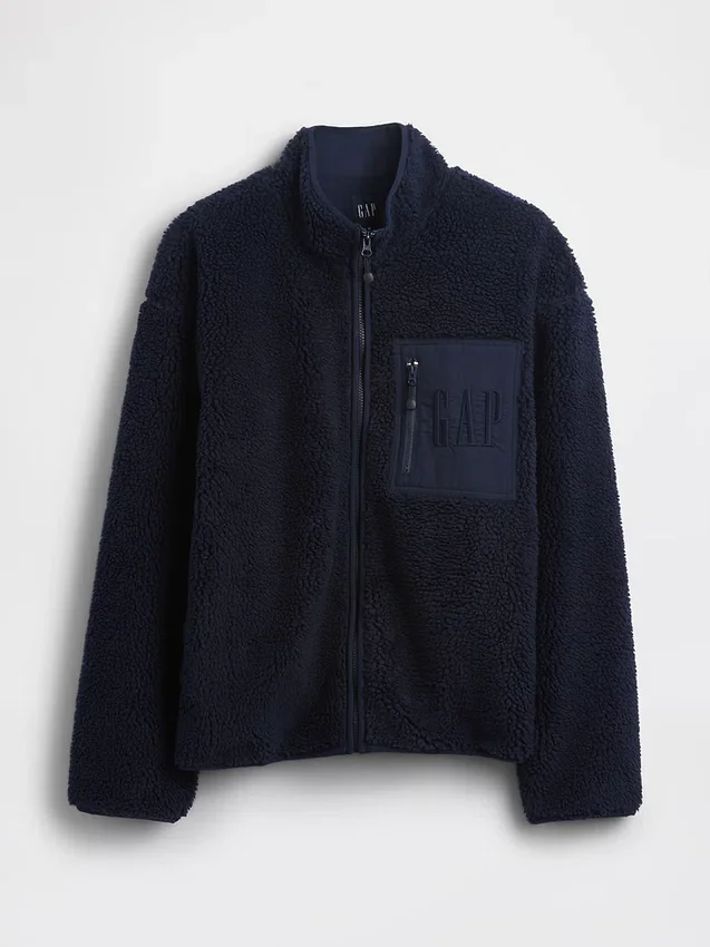 Oversized logo-jakke med glidelås i resirkulert sherpa