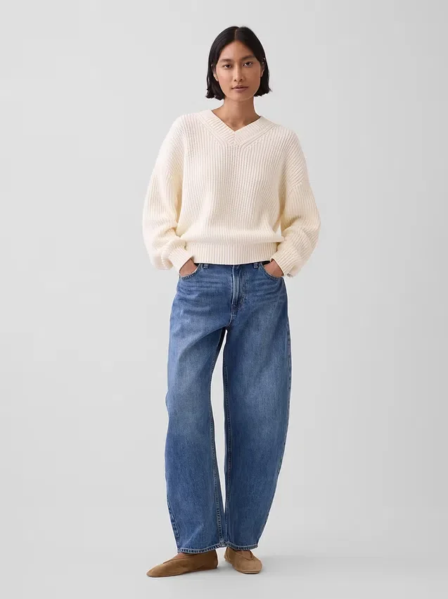 Oversized Shaker-genser med V-hals i 100 % bomull