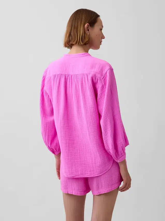 Oversized skjorte i bomullsgasbind uten krage