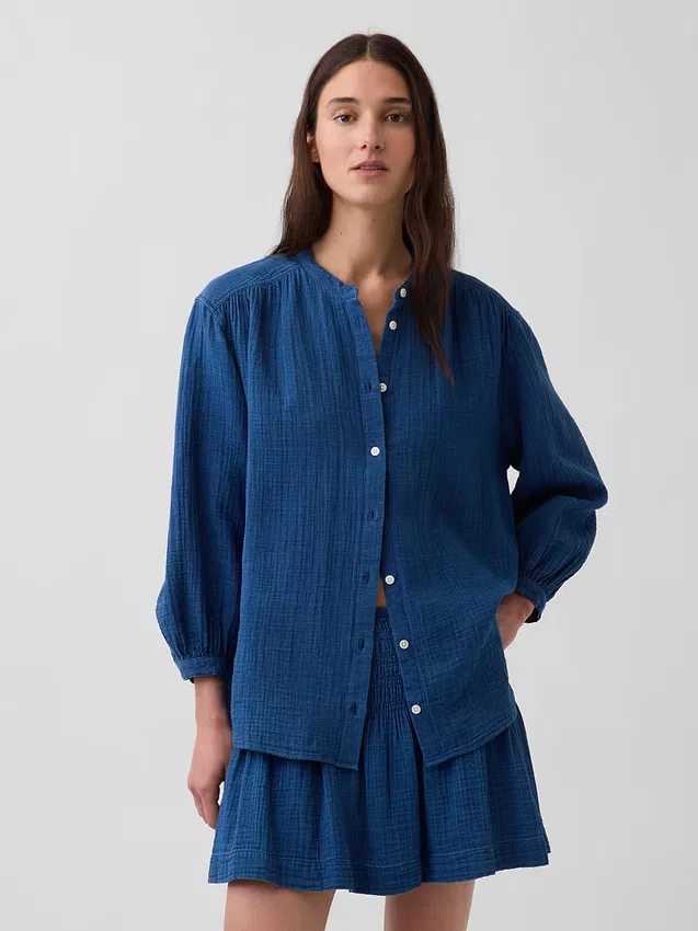 Oversized skjorte uten krage i bomullsgasdenim