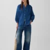 Oversized skjorte uten krage i bomullsgasdenim