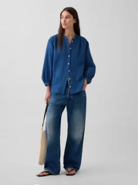 Oversized skjorte uten krage i bomullsgasdenim