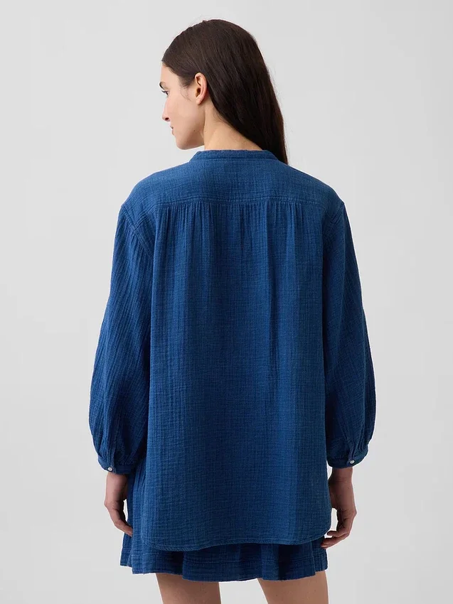Oversized skjorte uten krage i bomullsgasdenim