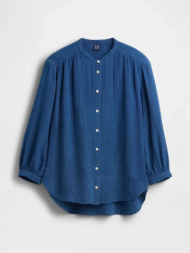 Oversized skjorte uten krage i bomullsgasdenim