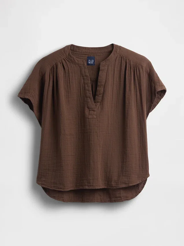 Oversized topp i bomullsgasbind med splitt i halsen