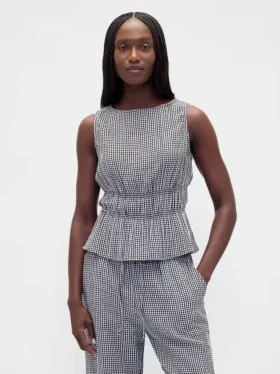 Peplum-top i bomullsgasbind med smock i midjen