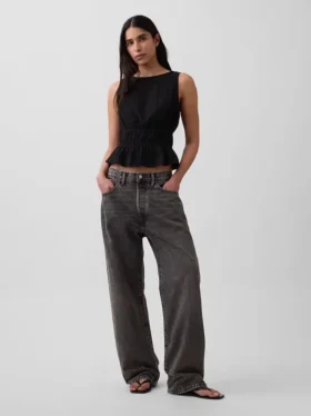 Peplum-top i bomullsgasbind med smock i midjen
