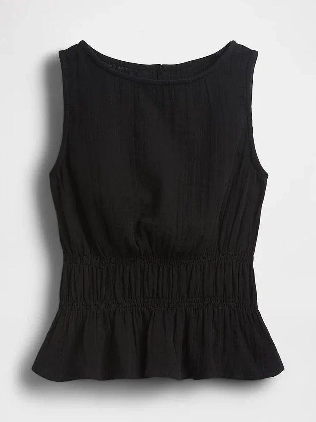 Peplum-top i bomullsgasbind med smock i midjen