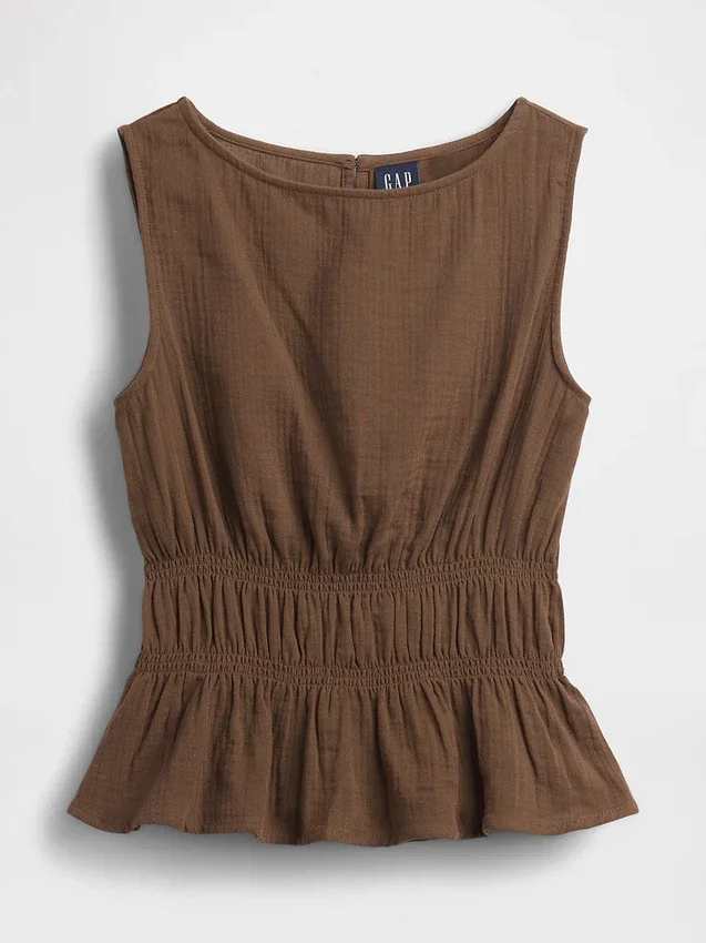 Peplum-top i bomullsgasbind med smock i midjen