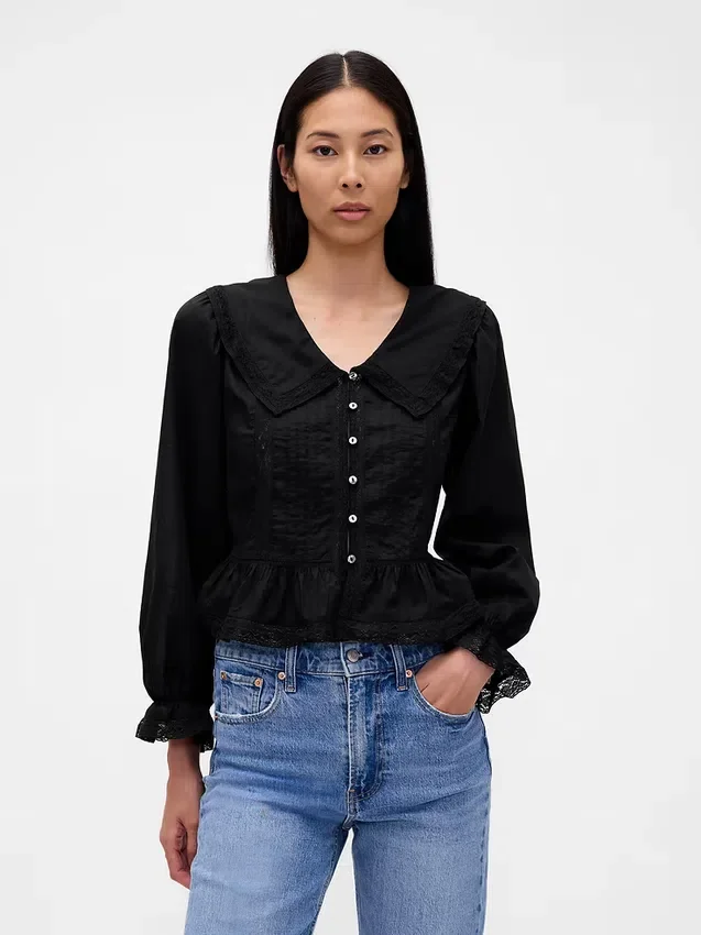 Peplum-top med krage og V-hals