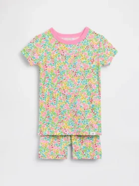 Pyjamas-sett med shorts i økologisk børstet bomull med blomstermønster for Baby og Småbarn