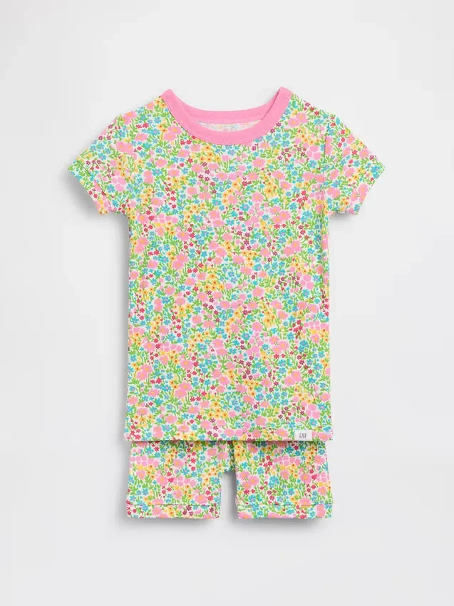Pyjamas-sett med shorts i økologisk børstet bomull med blomstermønster for Baby og Småbarn