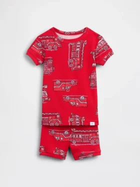 Pyjamas-sett med shorts i økologisk børstet bomull med brannbilmotiv for Baby og Småbarn
