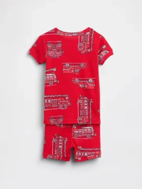 Pyjamas-sett med shorts i økologisk børstet bomull med brannbilmotiv for Baby og Småbarn