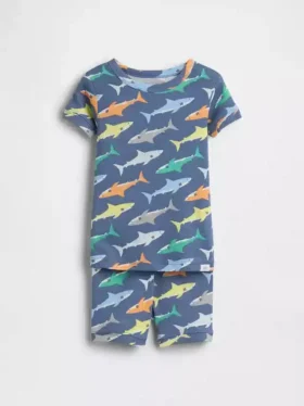 Pyjamas-sett med shorts i økologisk børstet bomull med hai-mønster for Baby og Småbarn