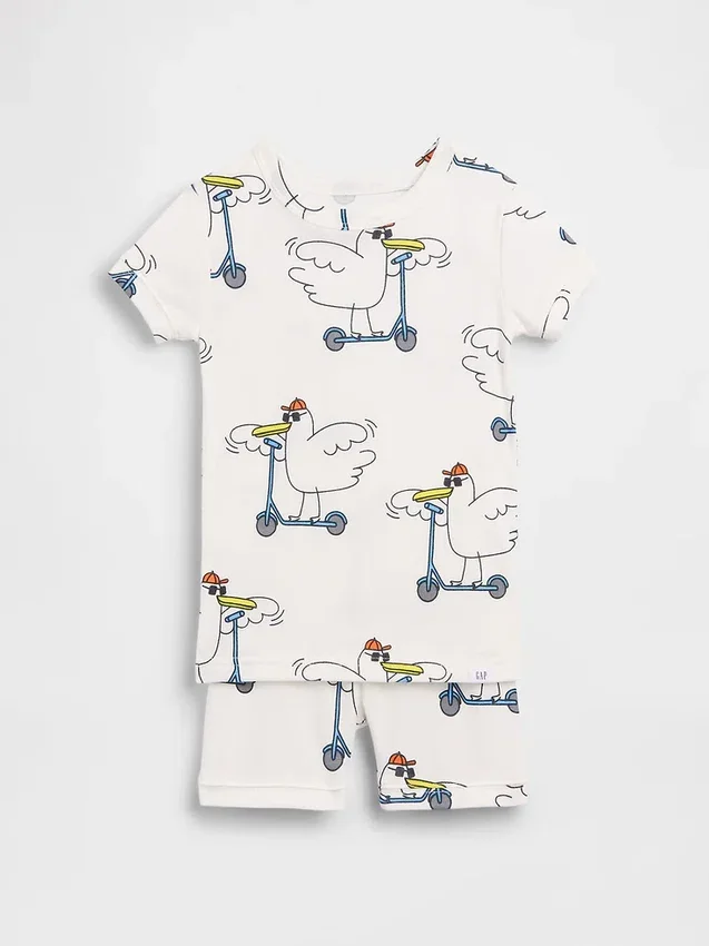 Pyjamas-sett med shorts i økologisk børstet bomull med Scooter Seagull-mønster for Baby og Småbarn