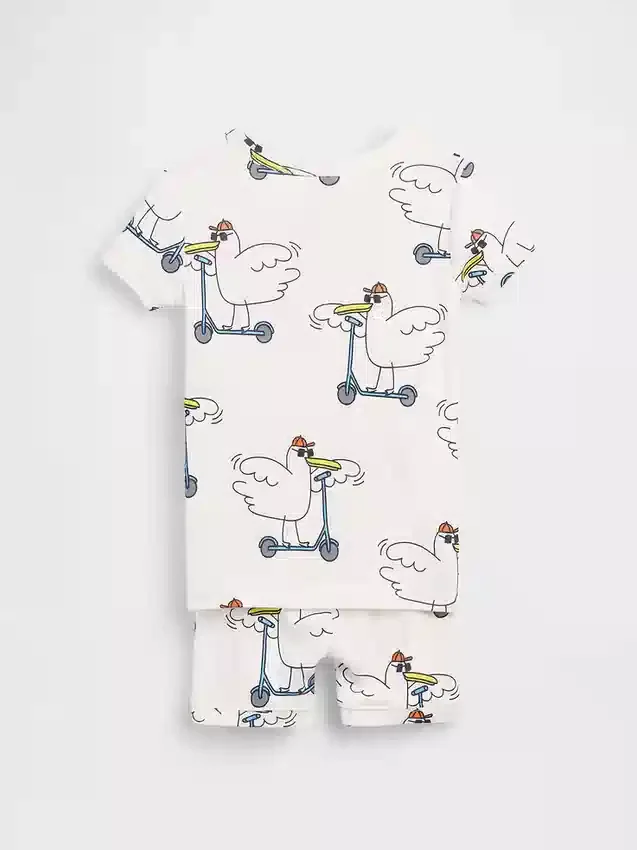 Pyjamas-sett med shorts i økologisk børstet bomull med Scooter Seagull-mønster for Baby og Småbarn