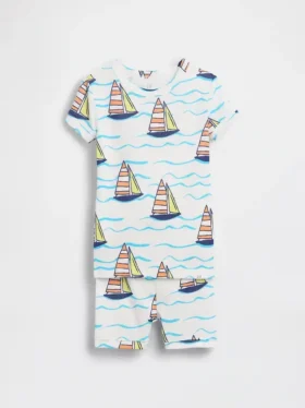 Pyjamas-sett med shorts i økologisk børstet bomull med seilbåtmotiv for Baby og Småbarn