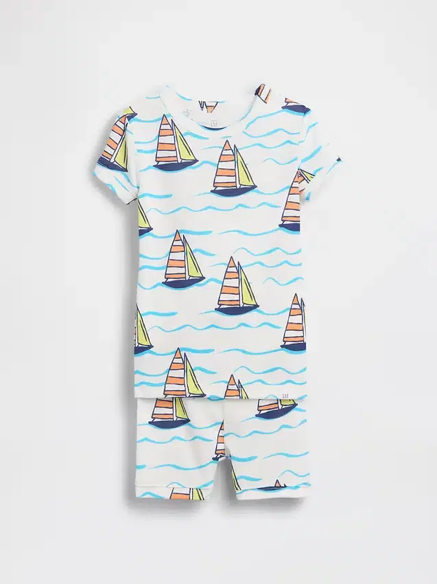 Pyjamas-sett med shorts i økologisk børstet bomull med seilbåtmotiv for Baby og Småbarn