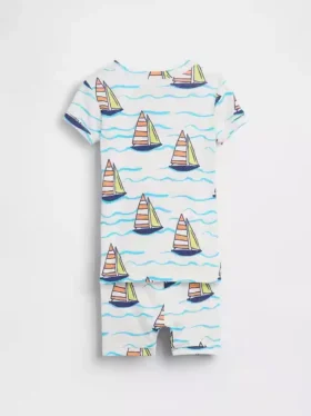 Pyjamas-sett med shorts i økologisk børstet bomull med seilbåtmotiv for Baby og Småbarn
