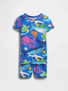 Pyjamas-sett med shorts i økologisk børstet bomull med sjødyr-motiv for Baby og Småbarn