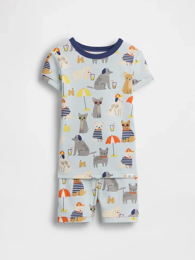 Pyjamas-sett med shorts i økologisk børstet bomull med strandhundemotiv for Baby og Småbarn