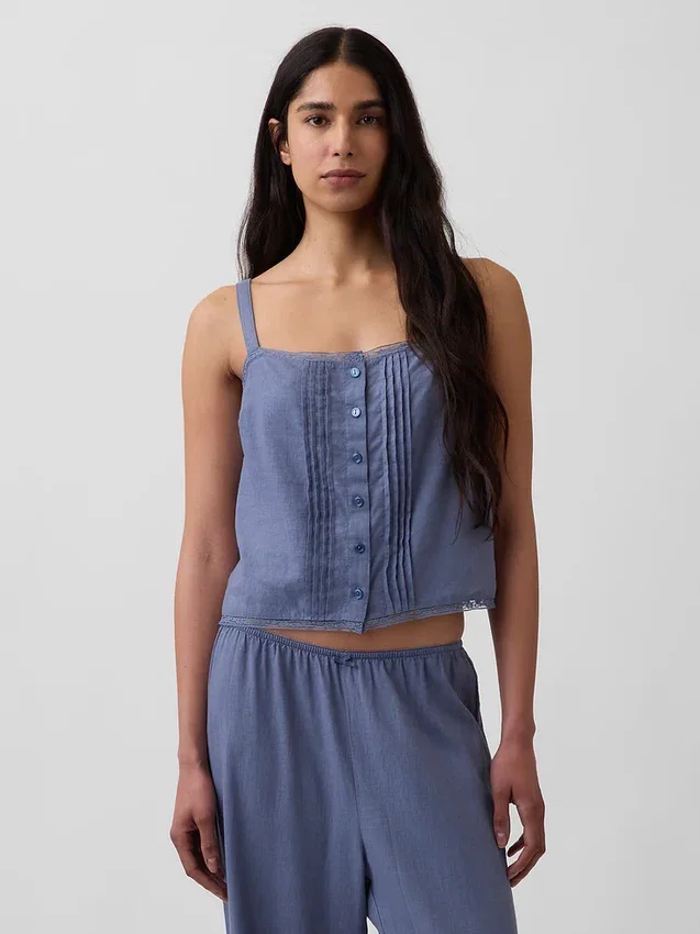 Pyjamas-tanktop i linblanding med pintuck-plissering