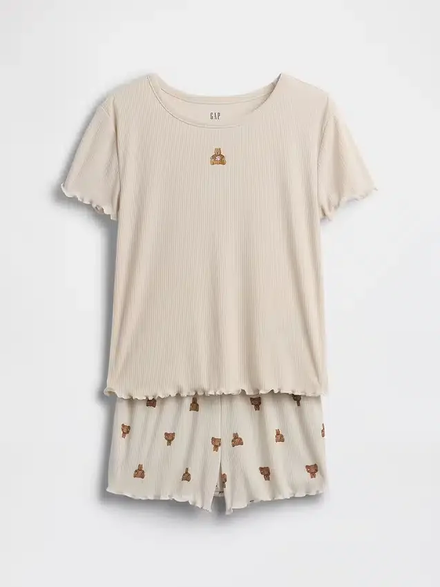 Pyjamasett for barn i resirkulert ribbestrikket stoff med Brannan Bear Shorts