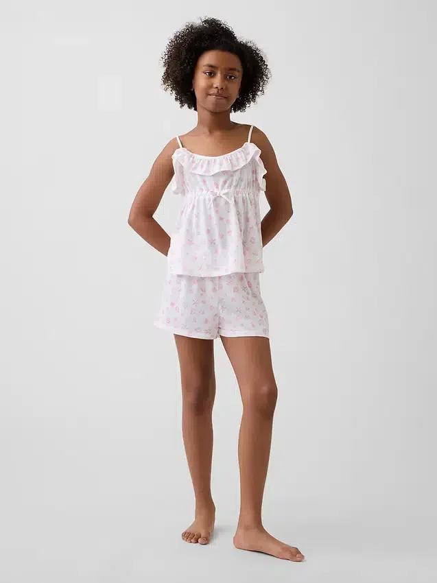 Pyjamasett for barn med resirkulert stoff, med volanger og korte Shorts