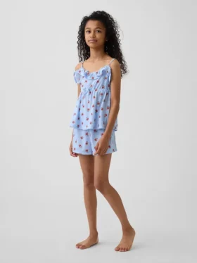 Pyjamasett for barn med resirkulert stoff, med volanger og korte Shorts