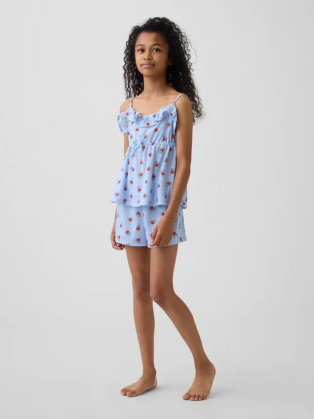 Pyjamasett for barn med resirkulert stoff, med volanger og korte Shorts