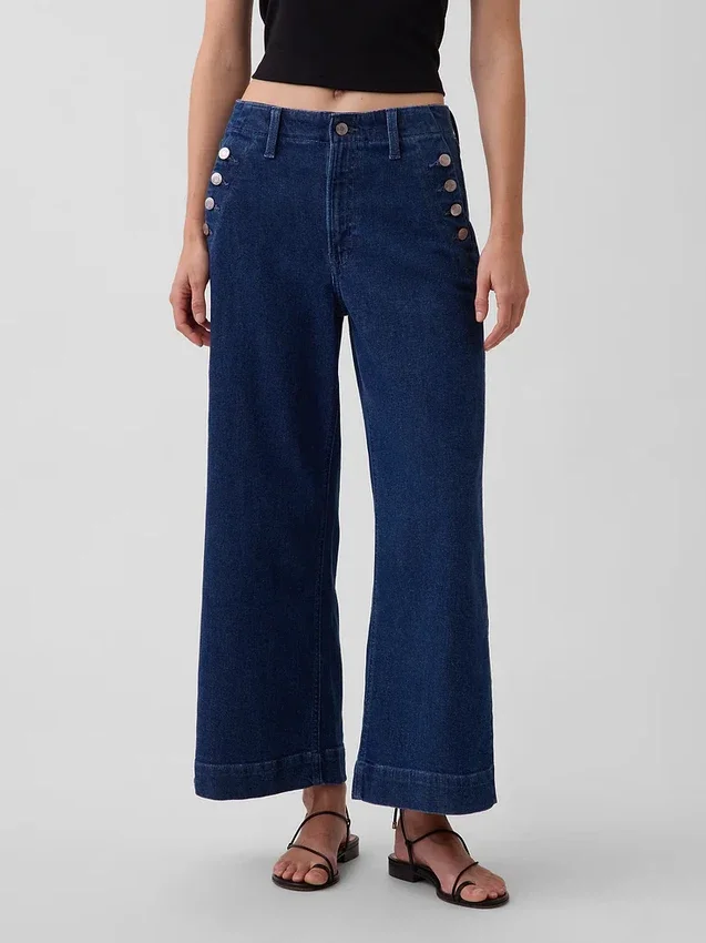 Sailor-jeans med høy midje, vid benvidde og ankelhøyde