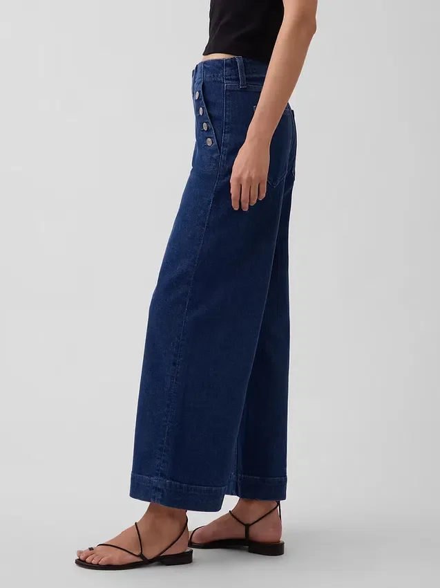 Sailor-jeans med høy midje, vid benvidde og ankelhøyde