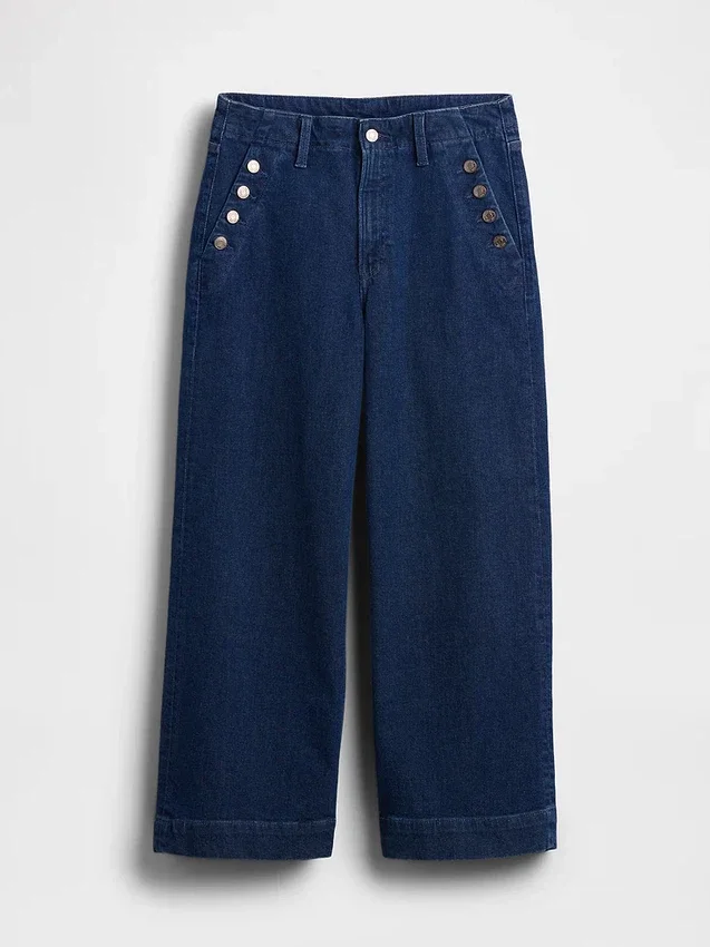 Sailor-jeans med høy midje, vid benvidde og ankelhøyde