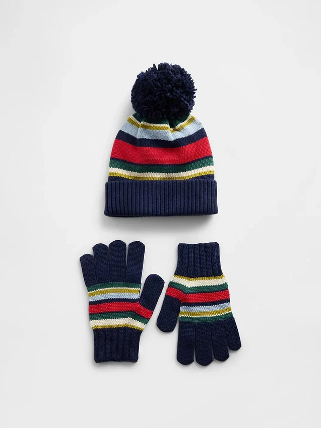 Sett med hat med pompon og hansker for barn