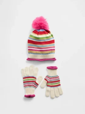 Sett med hat med pompon og hansker for barn